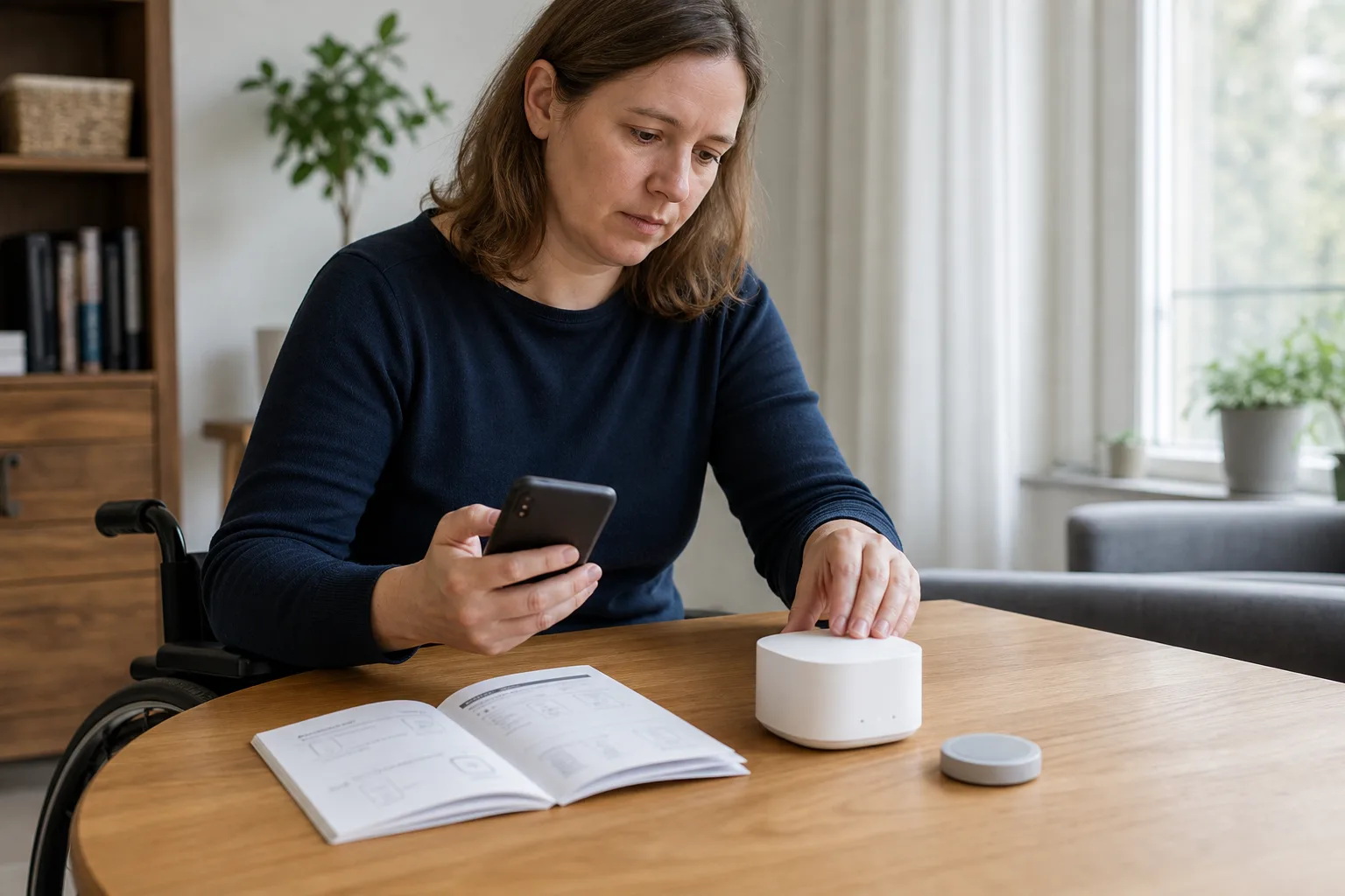 Person vergleicht ein neutrales Smartphone mit einem Smart-Home-Gerät bei der Kaufentscheidung