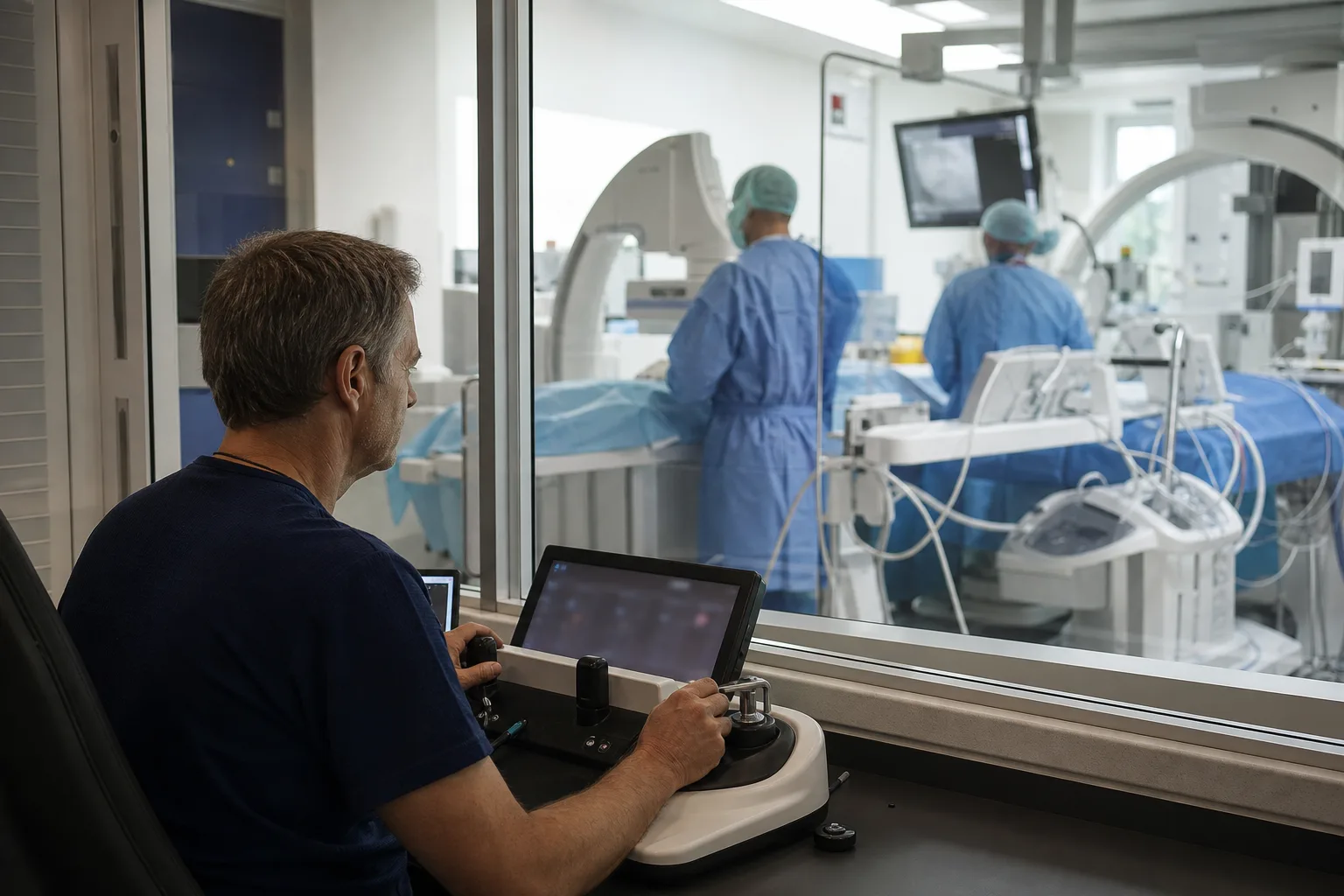 Interventionalist an einer Steuerkonsole und lokales Team an einer Bedside-Einheit in einer Interventionsumgebung