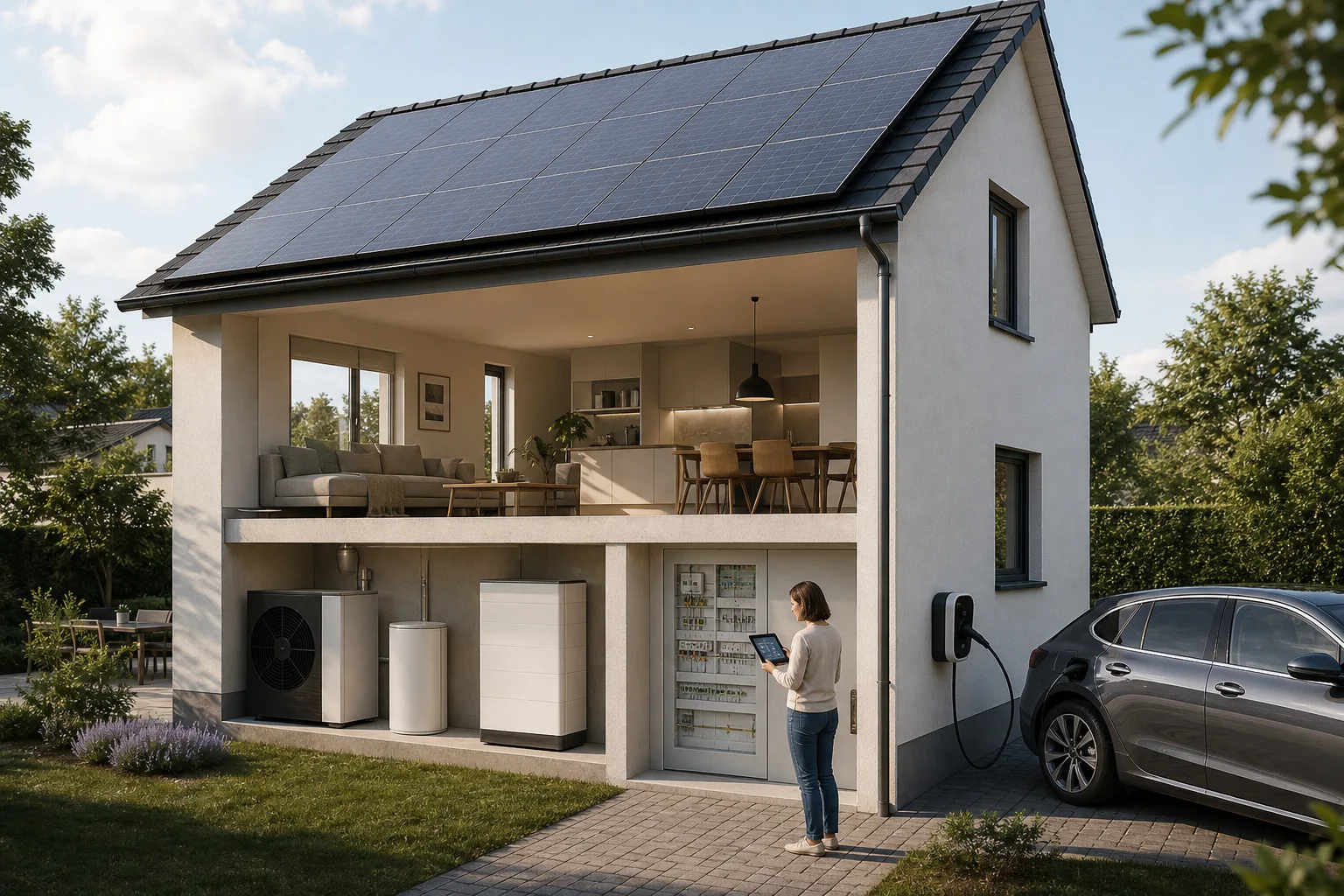 Einfamilienhaus mit Photovoltaik, Batteriespeicher, Wärmepumpe und Elektroauto als zusammenhängende Energiesteuerung