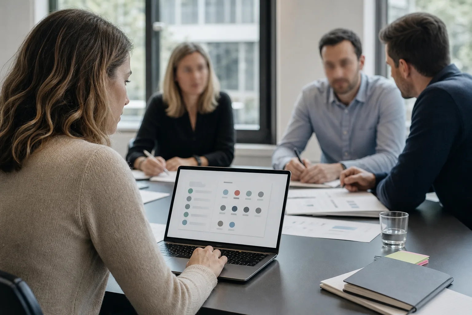 Person prüft an einem neutralen Laptop die Sichtbarkeit einer digitalen Arbeitsgruppe