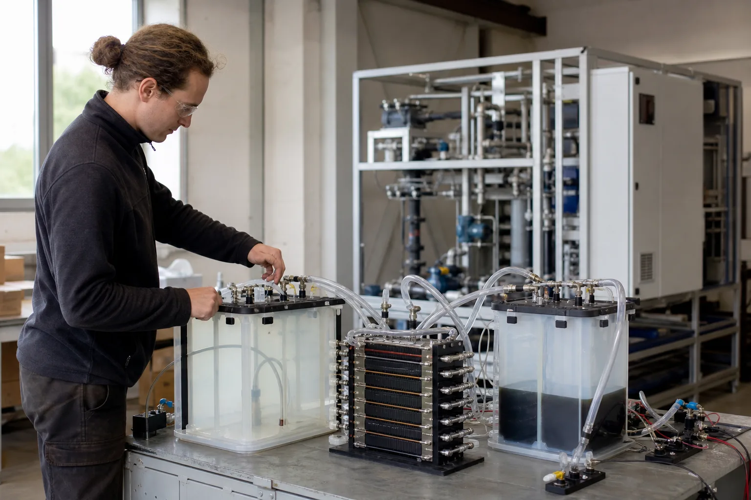 Fachperson prüft unmarkierte Elektrolyt-Tanks und einen Zellstack in einem noch nicht angeschlossenen Flow-Batterie-Versuchsaufbau