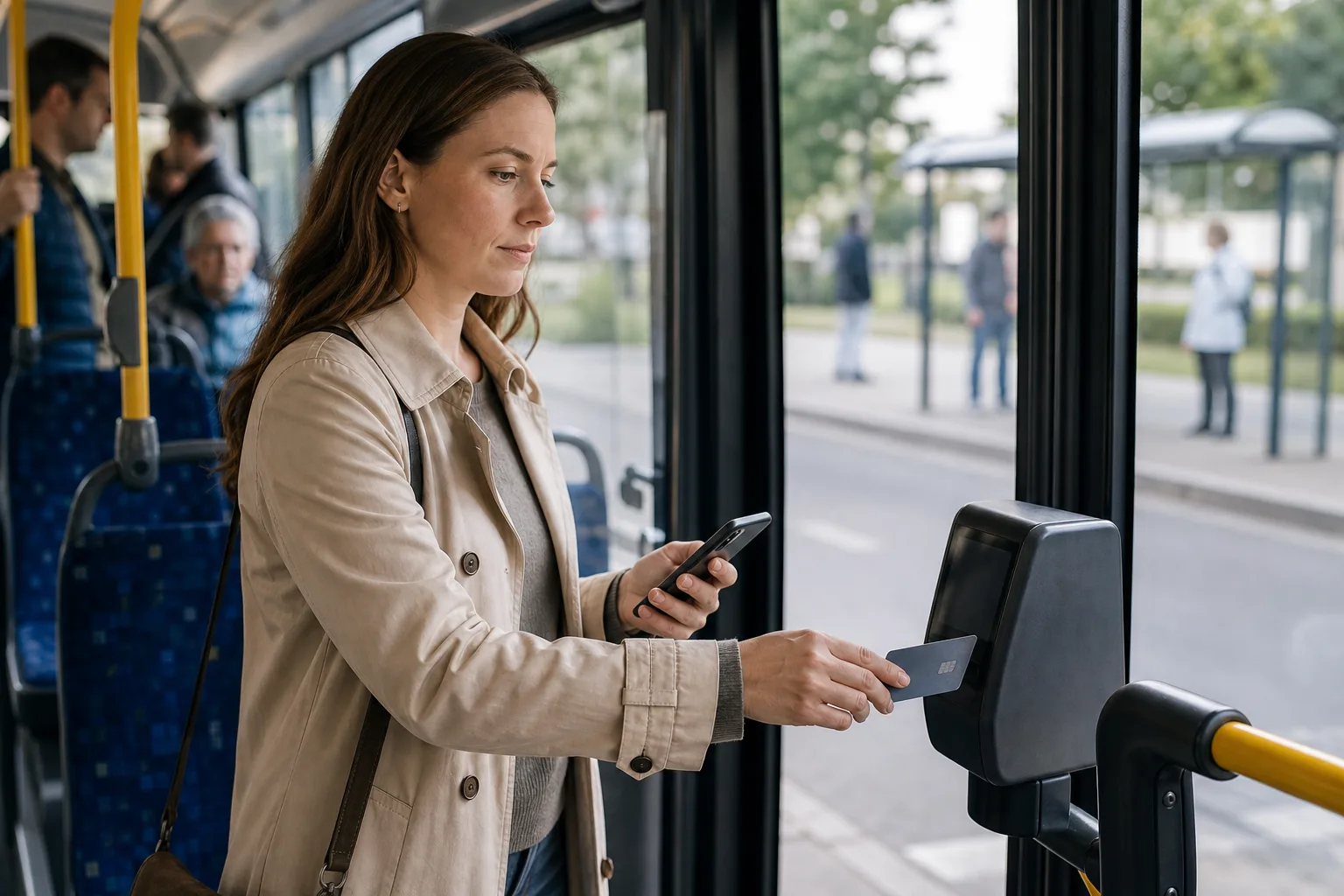 Pendlerin hält eine neutrale kontaktlose Debitkarte an einen unbeschrifteten Validator im Stadtbus, während ein Smartphone den App-Weg andeutet