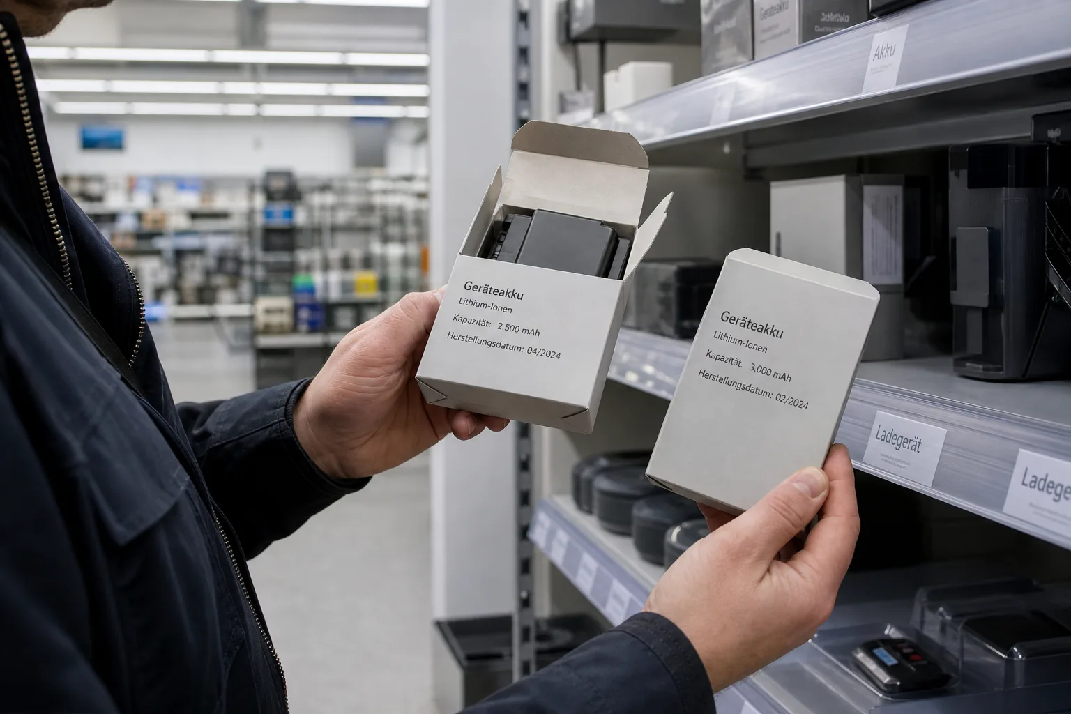 Person vergleicht in einem Elektrofachmarkt zwei neutrale Akku-Geräte und liest die Angaben auf einer Batteriepackung
