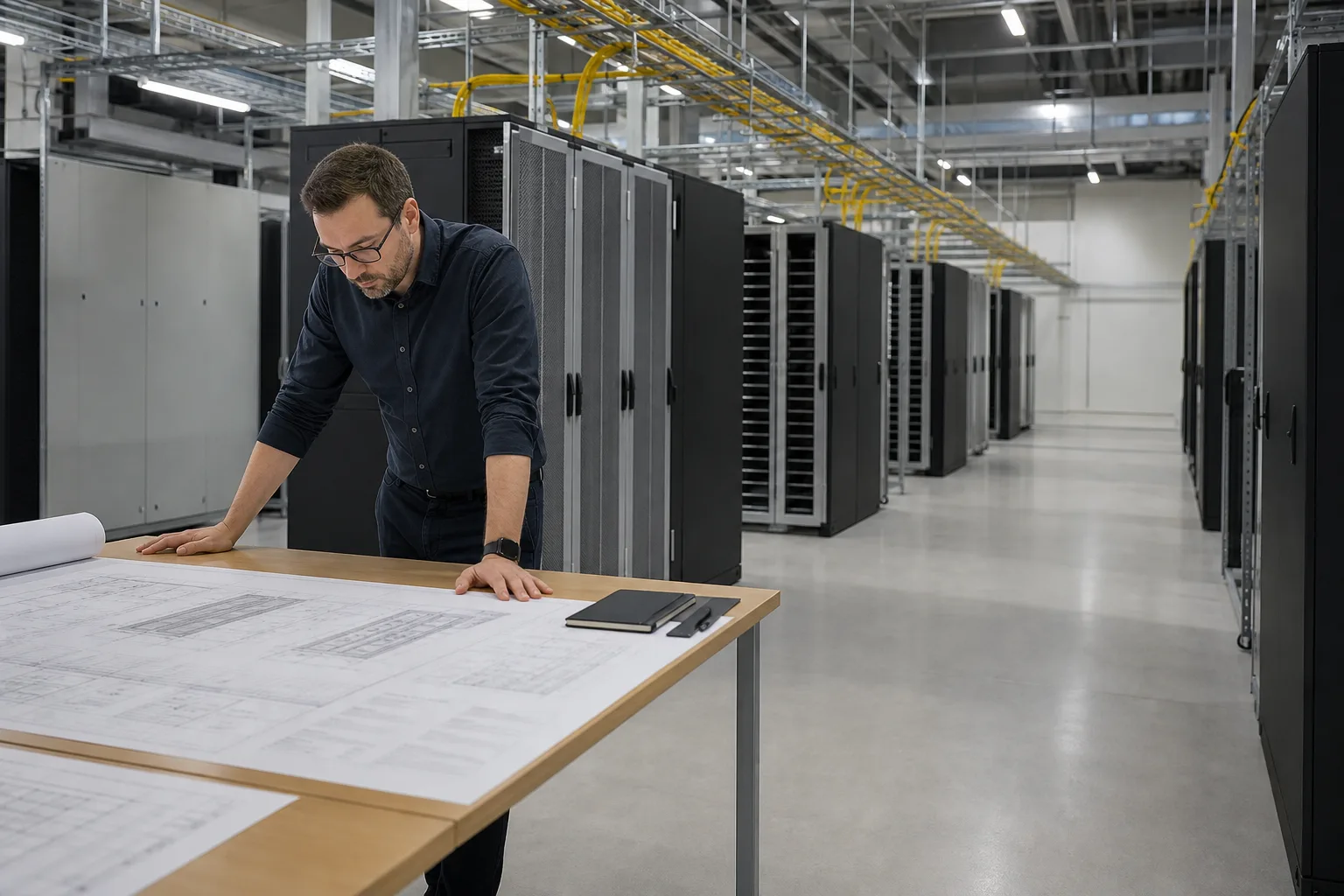 Technische Fachperson betrachtet Planungsunterlagen vor neutralen Rechenzentrums-Racks in einem noch nicht als laufend erkennbaren Serverraum