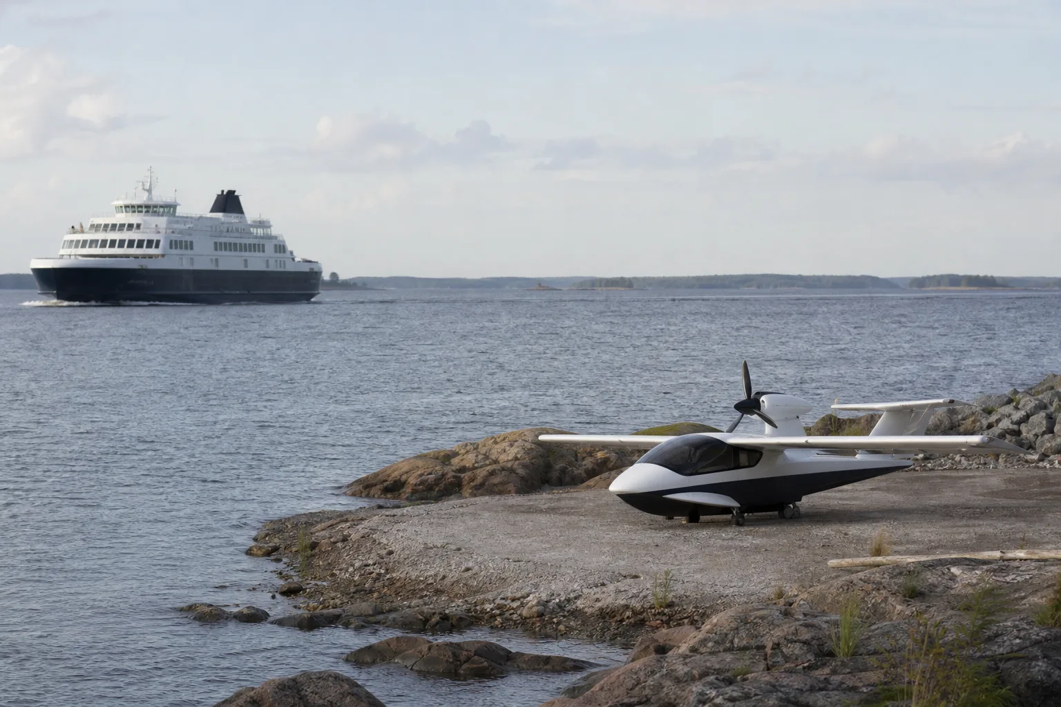 Küstenansicht zwischen Helsinki und Tallinn mit Fähre und neutraler kleiner Konzeptmaschine