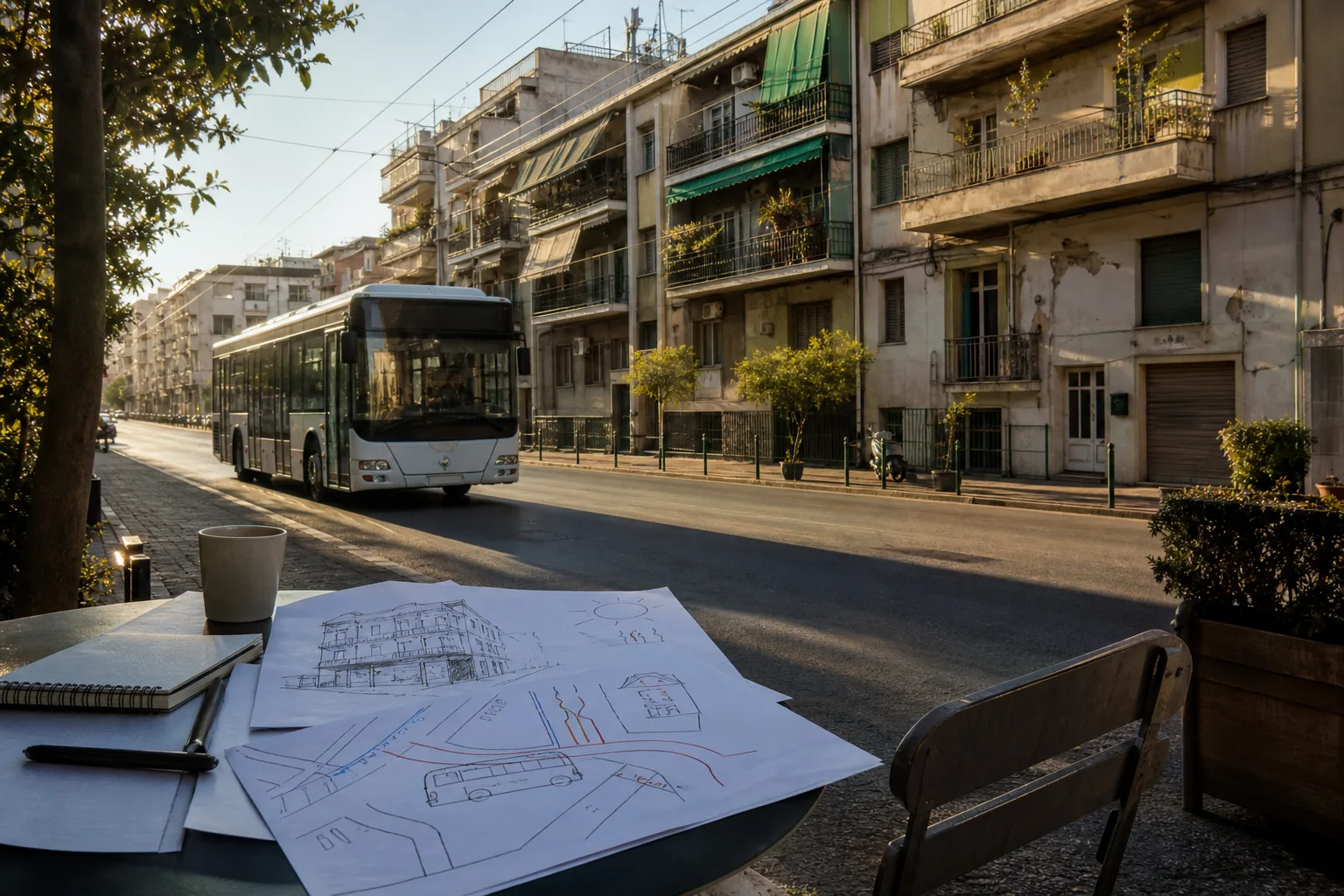 Unmarkierter Stadtbus vor Wohngebäuden in Athen als Szene für geplante Klima- und Mobilitätsmaßnahmen