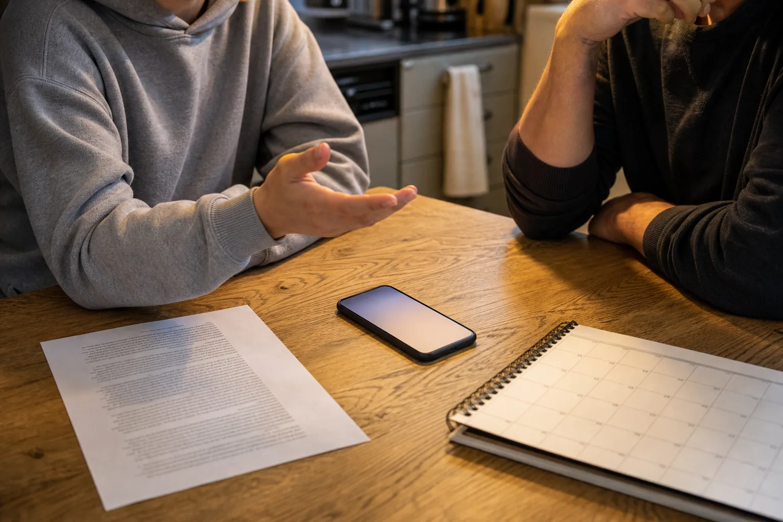 Jugendliche Person und Elternteil sprechen an einem Küchentisch über ein Smartphone ohne erkennbare App