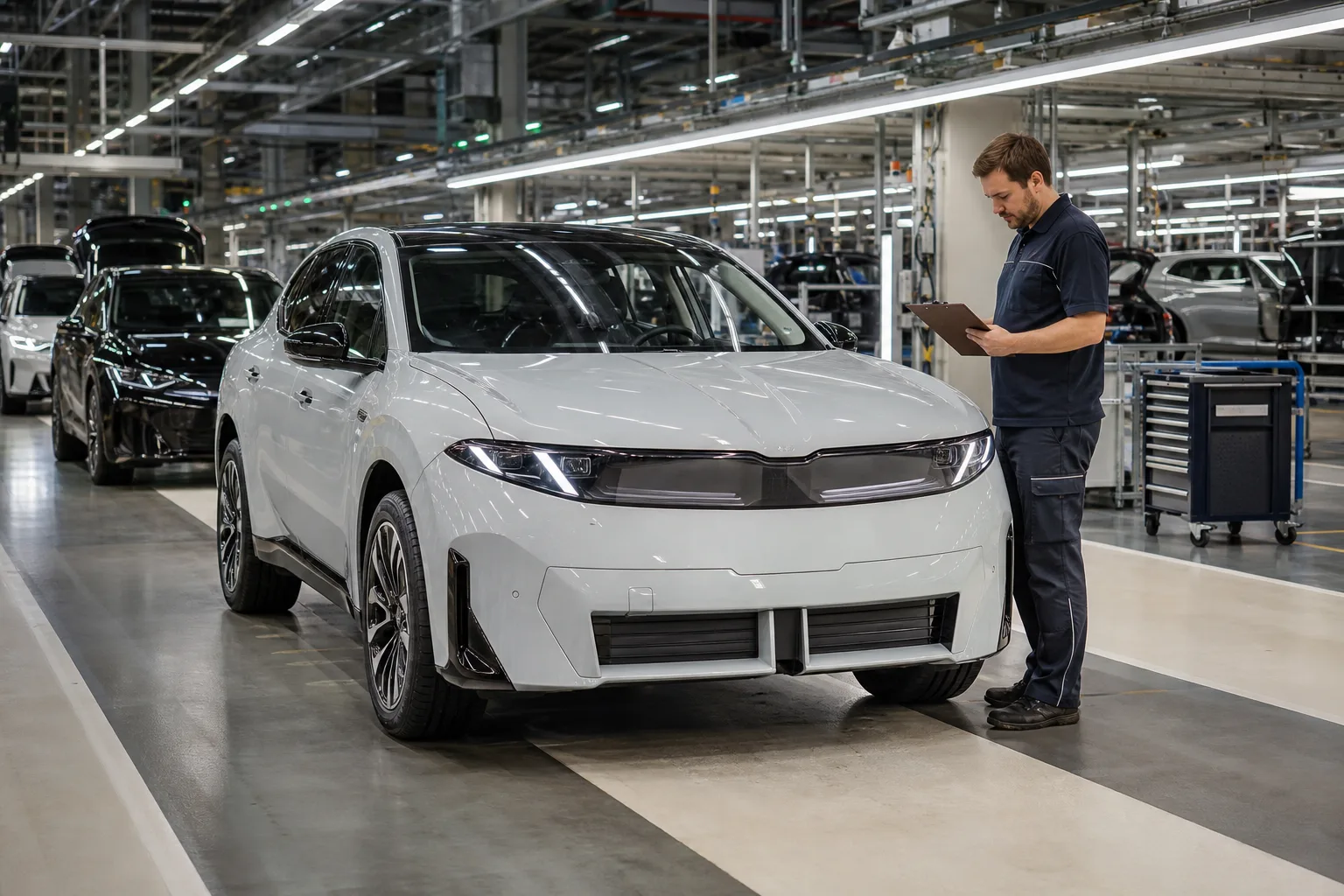 Unbeschriftetes Elektroauto in einer industriellen Auslieferungszone neben einer prüfenden Fachkraft