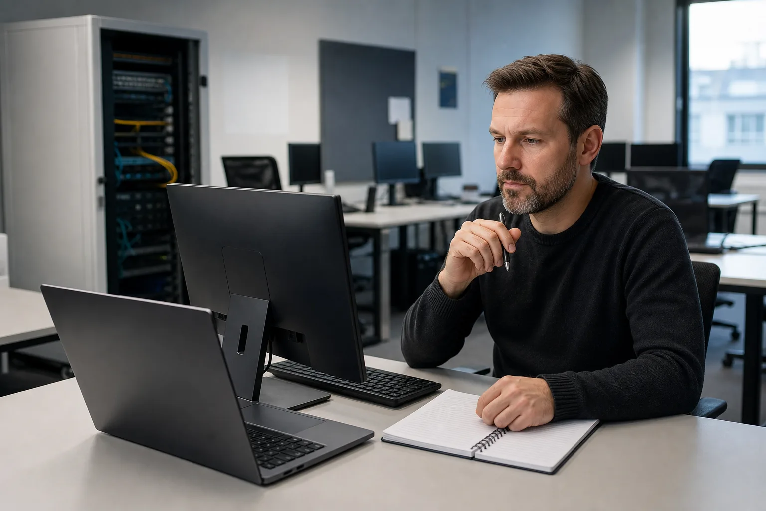 Neutrale Büroarbeitsplätze und eine IT-Fachkraft veranschaulichen einen kompakten Update-Schritt mit weiterer Rolloutplanung
