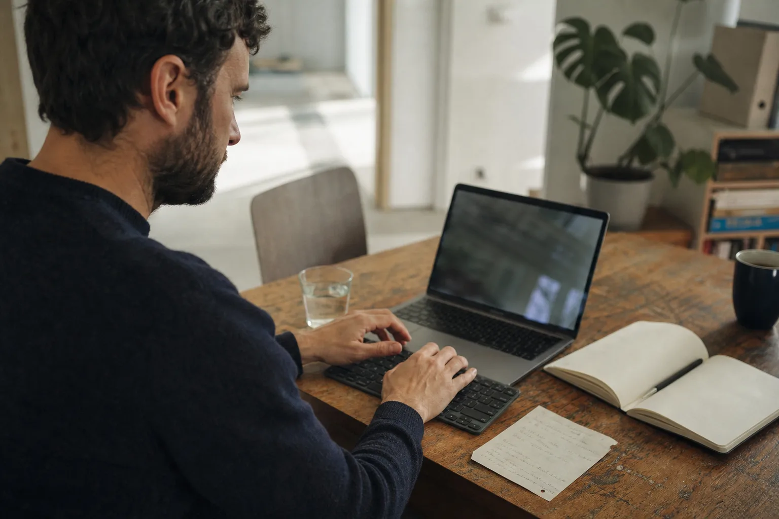 Eine Person arbeitet an einem kompakten Laptop in einem Homeoffice; der Bildschirm ist aus schrägem Winkel nicht lesbar, auf dem Tisch liegen Notizbuch und externe Tastatur.