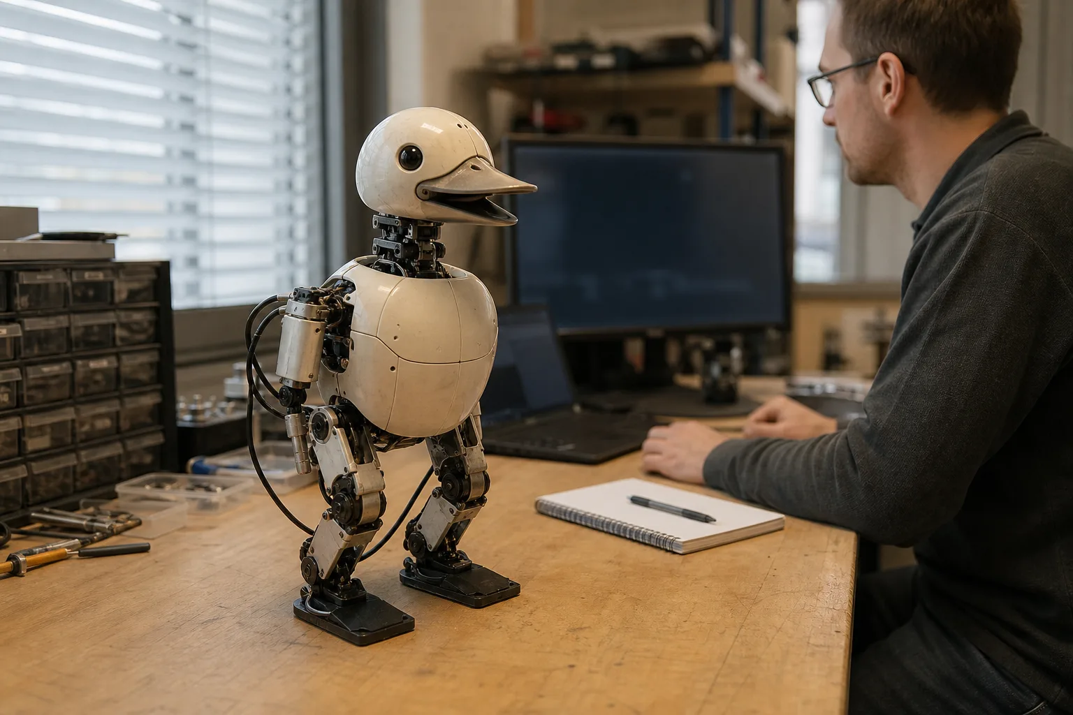Kleiner zweibeiniger Roboter mit beweglichem Schnabel steht neben einem Entwickler auf einer neutralen Robotikwerkbank