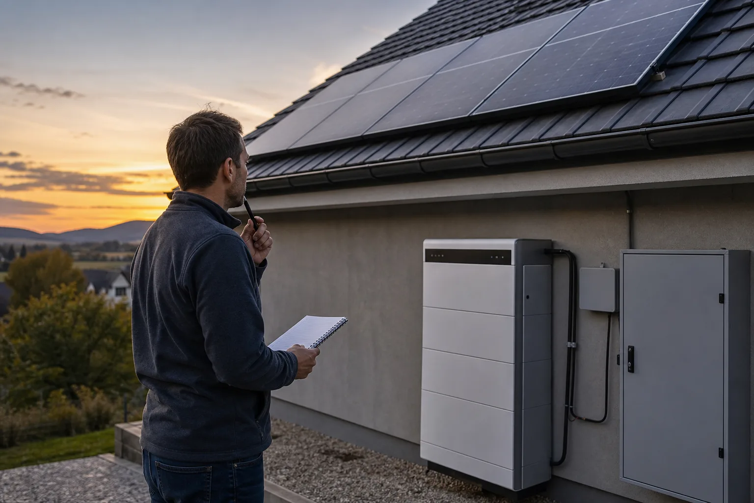 Unmarkierter Batteriespeicher neben einer Photovoltaikanlage bei Abendlicht, während ein Betreiber den praktischen Netzbetrieb prüft
