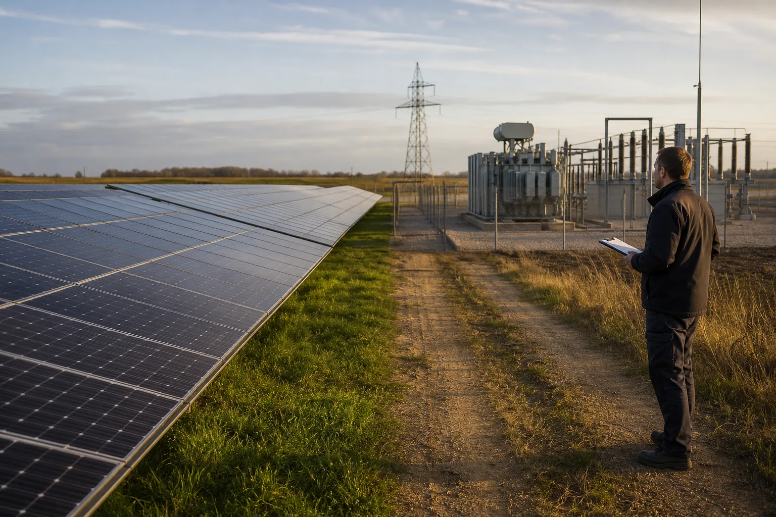 Unmarkierter Solarpark mit Wartungsweg und neutralem Umspannwerksbereich in einer norddeutschen Landschaft