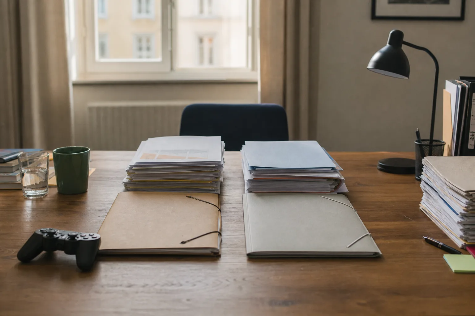 Unmarkierter Spielecontroller neben zwei getrennten Papierakten auf einem Schreibtisch