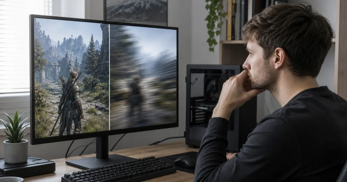 Neutraler Monitor an einem privaten Arbeitsplatz mit abstrakter Gegenüberstellung von Bildschärfe und schneller Darstellung