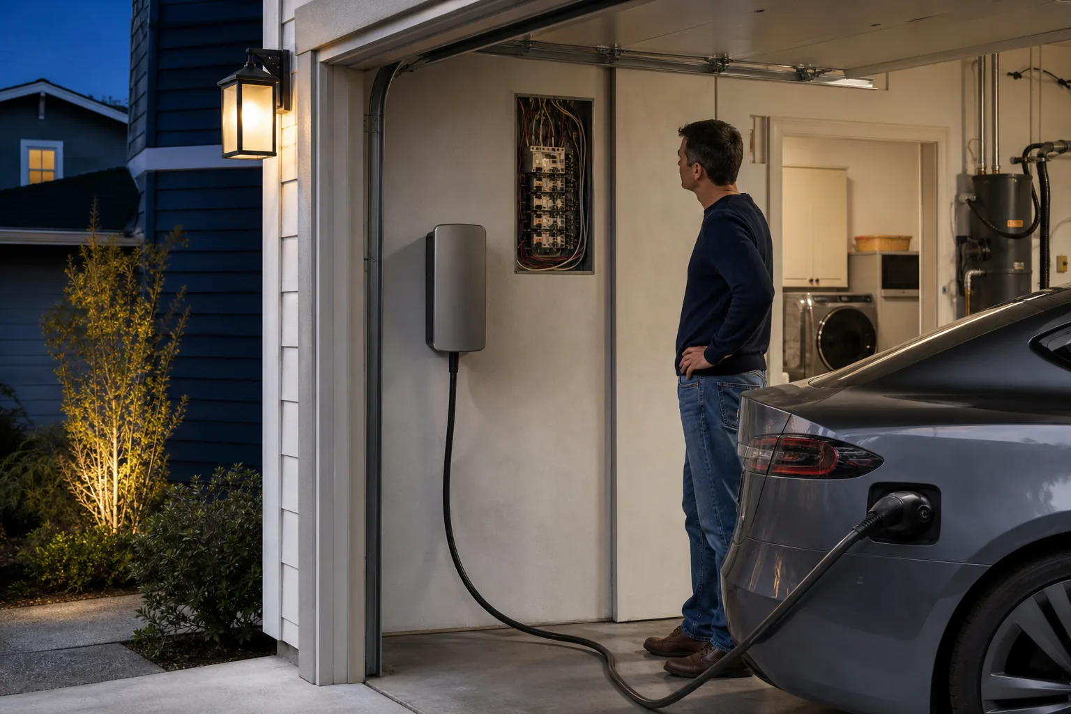 Unmarkiertes Elektroauto an einer Wallbox in der Garage eines Einfamilienhauses mit sichtbarer Hausverteilung und gleichzeitigem Haushaltsverbrauch