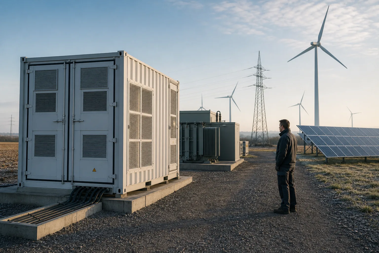 Unmarkierte Batteriespeicheranlage neben Windrädern, Photovoltaik und neutralem Transformatorbereich