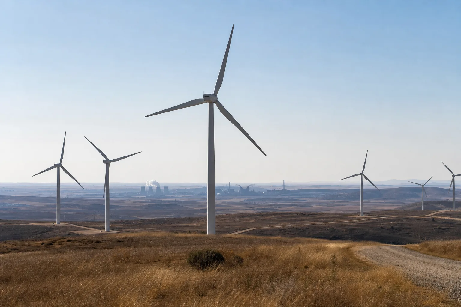 Mehrere Windturbinen in einer trockenen Landschaft nahe Bethal in Mpumalanga, im Hintergrund zurückhaltende Industrieanlagen.