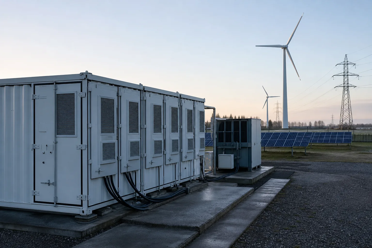 Unmarkierte Batteriespeicheranlage neben Windrädern, Photovoltaik und neutralem Transformatorbereich