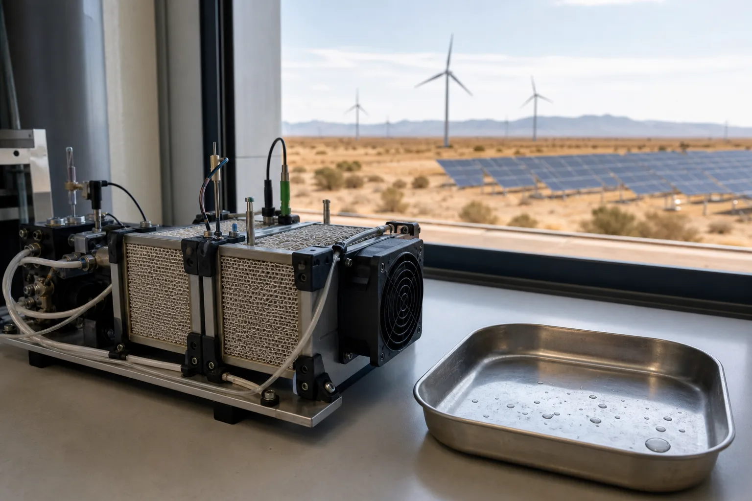 Unmarkierter Forschungsaufbau mit Luftkontaktormodulen, neutraler Auffangschale und trockenem Wind- und PV-Kontext im Hintergrund