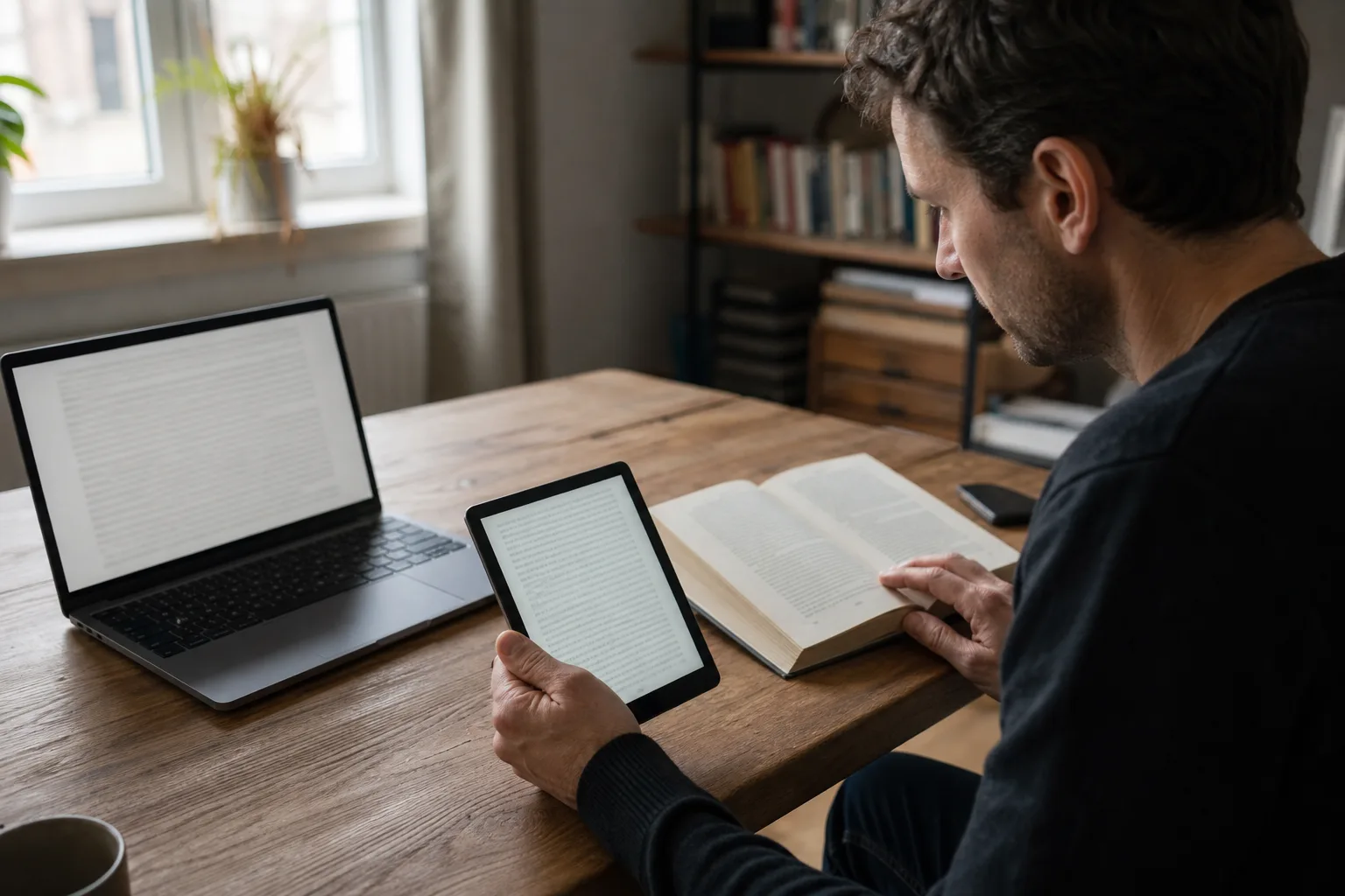 Eine Person vergleicht an einem ruhigen Arbeitsplatz ein E-Book-Lesegerät, einen Laptop und eine aufgeschlagene Buchseite.