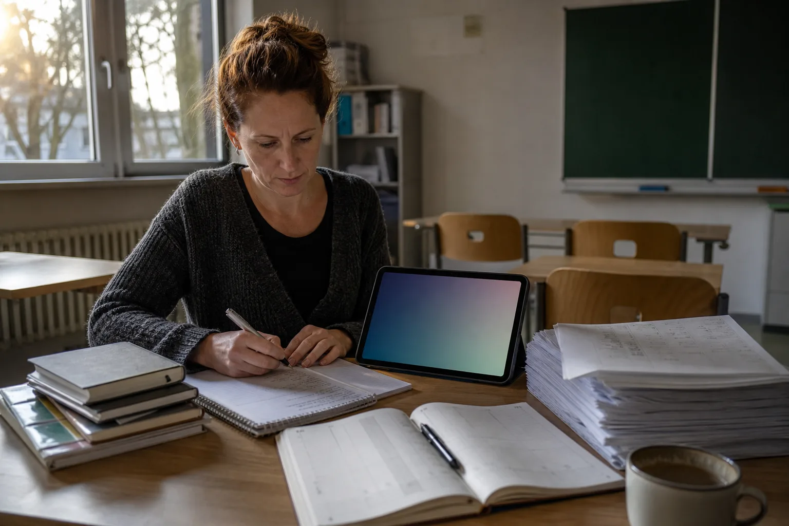 Eine Lehrkraft ordnet an einem Schul-Arbeitsplatz Tablet, Notizbuch, Korrekturstapel und Arbeitsunterlagen.