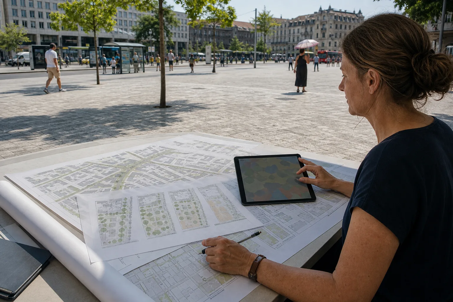 Heiße versiegelte Stadtfläche mit Haltestelle, wenigen Bäumen und kommunaler Planerin vor gedruckten Begrünungs- und Verschattungsvarianten.