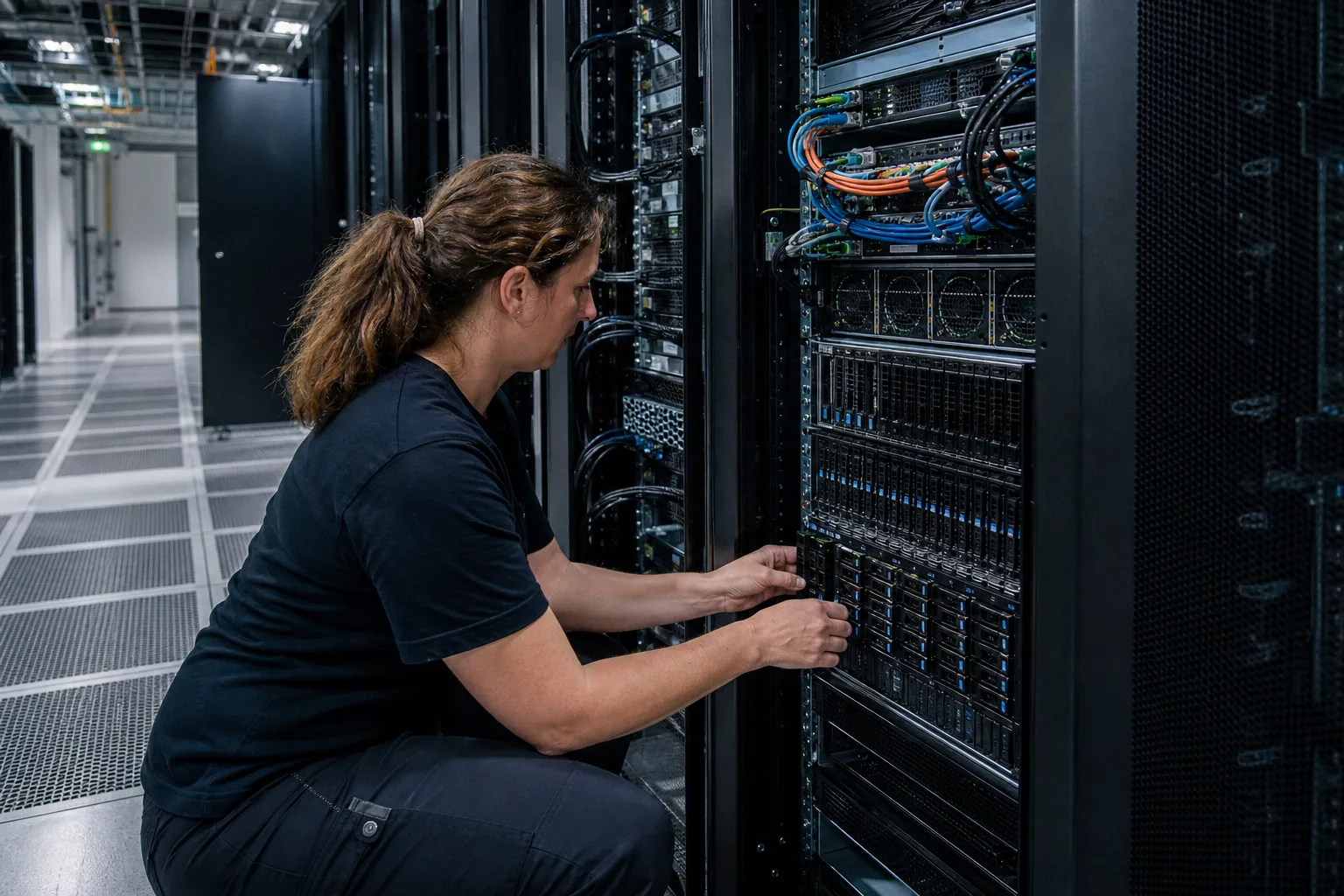 Technikerin prüft in einem unmarkierten Rechenzentrums-Wartungsgang Servereinschübe, Speichermodule und Netzwerkkabel
