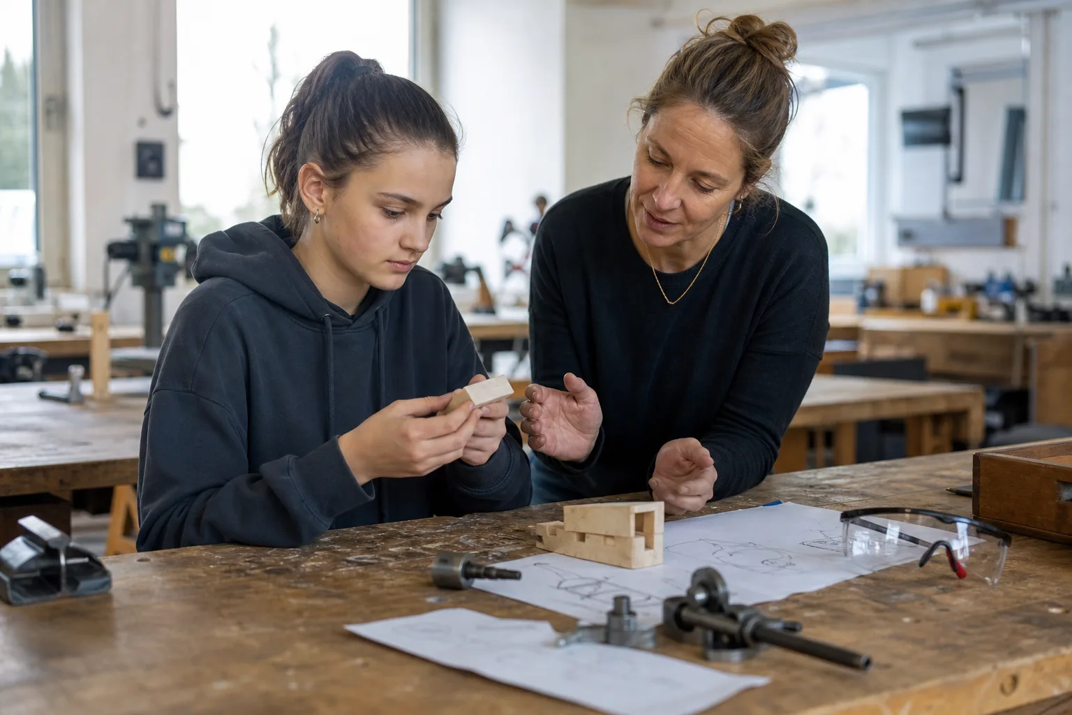 Jugendliche erkundet mit einer erwachsenen Betreuerin in einer unmarkierten Schulwerkstatt ein kleines Werkstück und technische Materialien