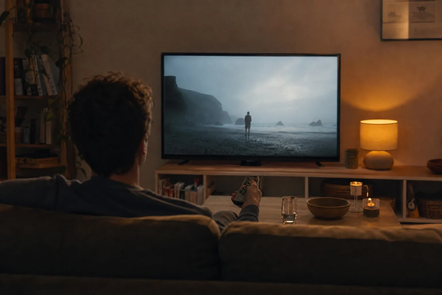 Person auf einem Sofa schaut auf einen unmarkierten Fernseher mit einer atmosphärischen Filmszene