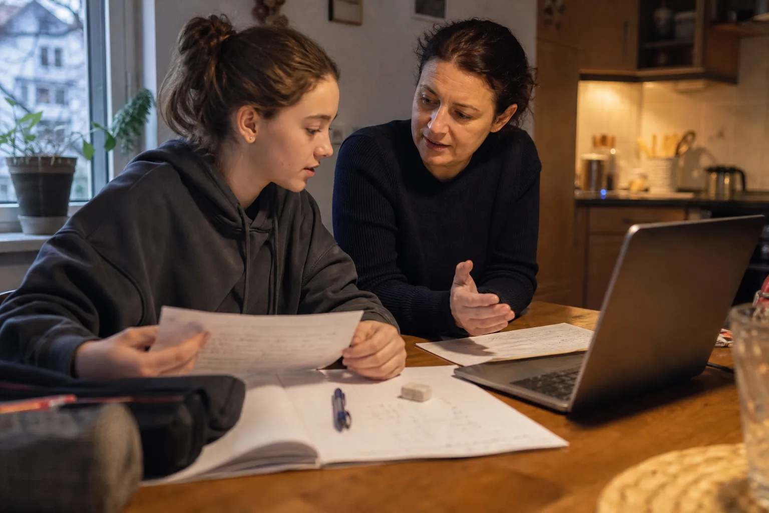 Jugendliche und Elternteil besprechen an einem Küchentisch mit Heft und Laptop, welche KI-Hilfe bei einer Hausaufgabe sinnvoll sein kann.