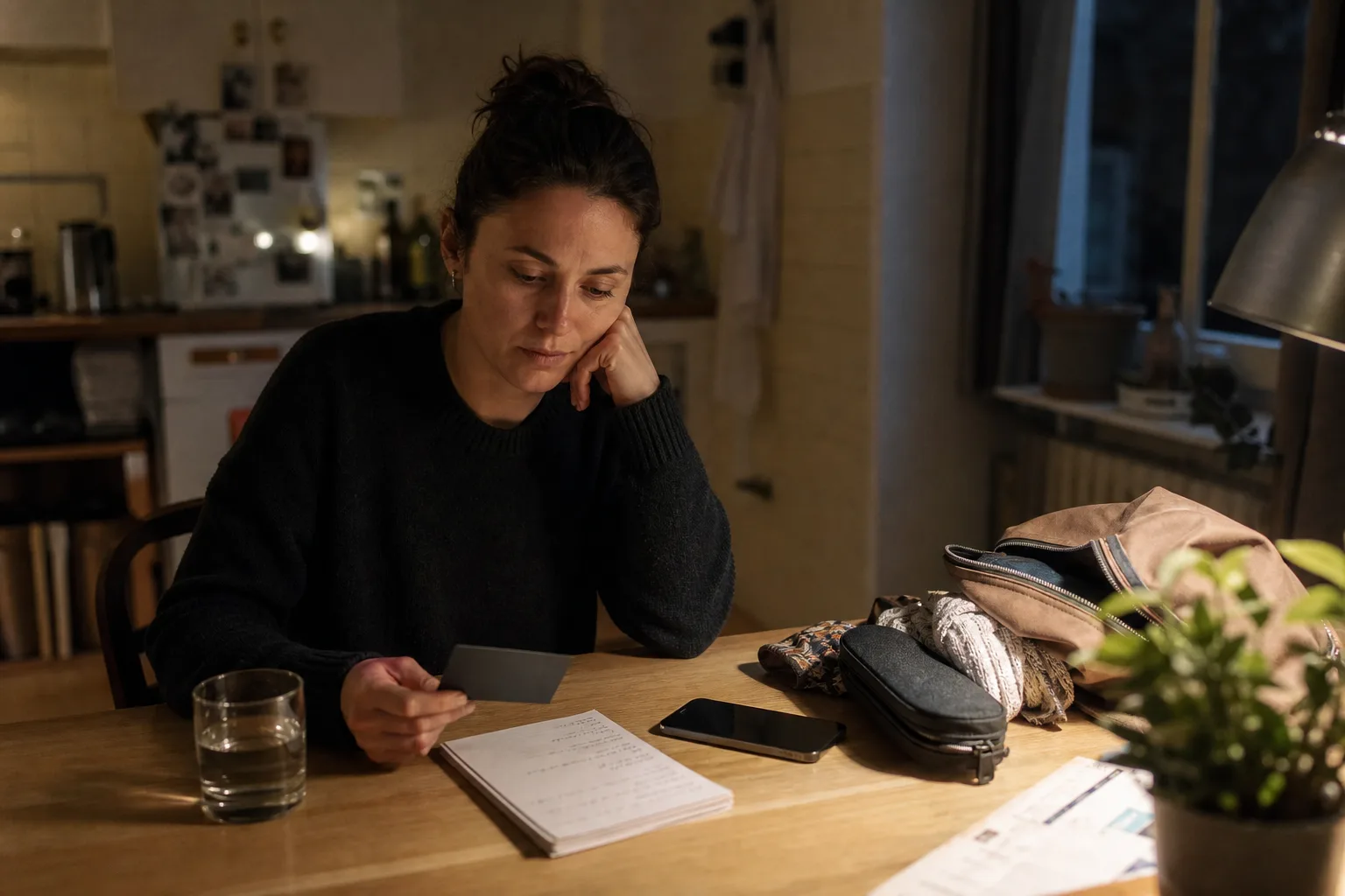 Eine Frau hält inne und prüft an einem Küchentisch, ob ein befristeter KI-Bonus zum bestehenden Bankplan passt.