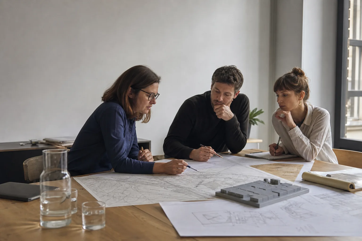 Drei Energieplanende besprechen an einem Holztisch Projektskizzen, eine neutrale Karte und ein kleines Batteriemodell.