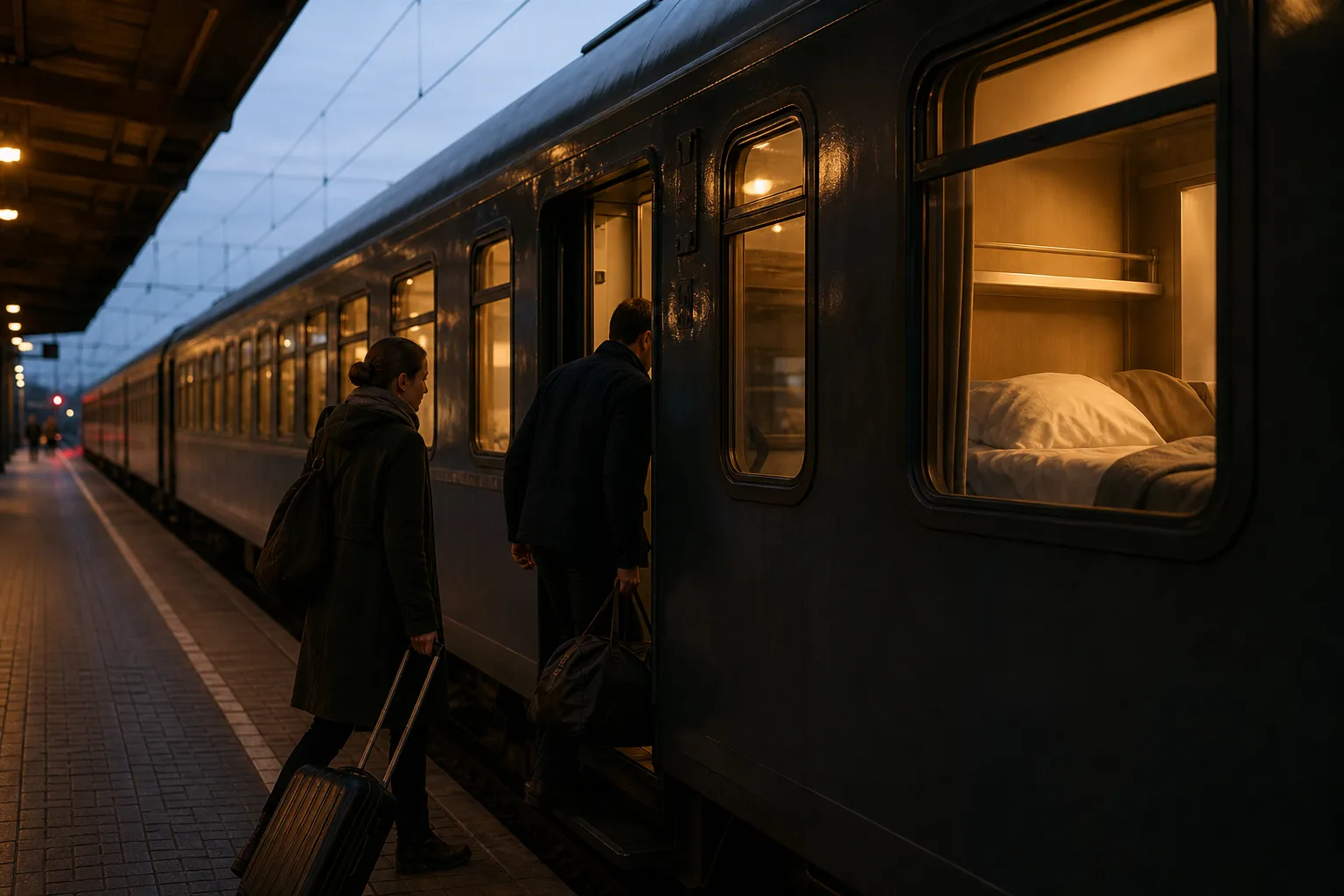 Zwei Reisende steigen am Abend an einem mitteleuropäischen Bahnhof in einen unmarkierten Nachtzug ein.