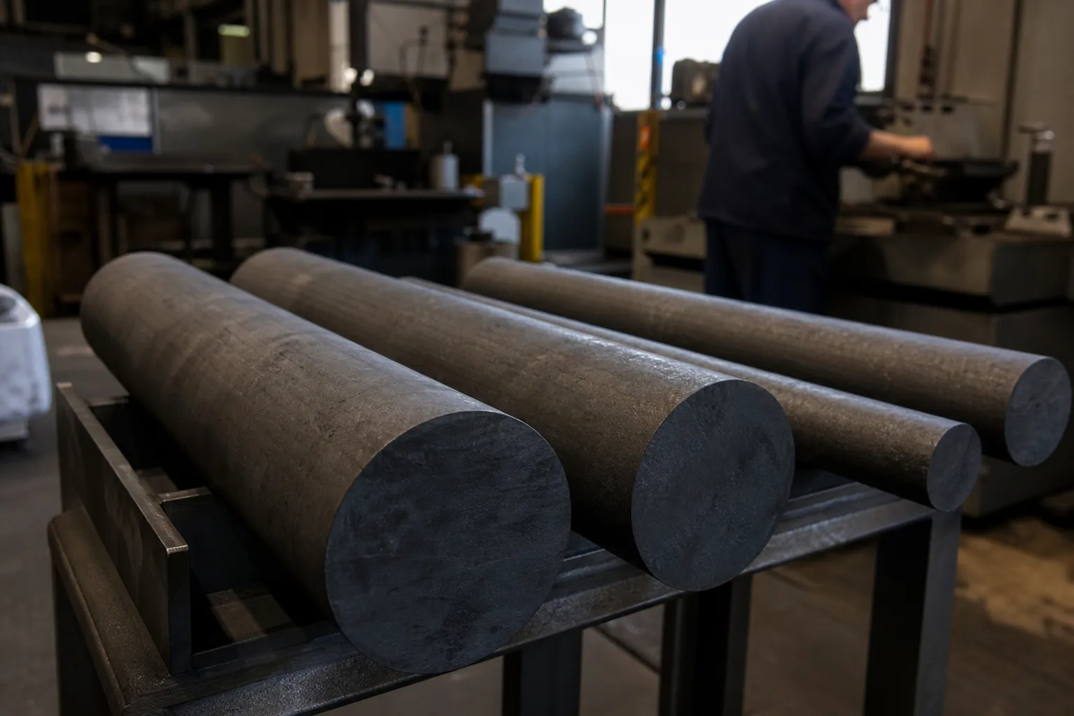 Dunkle Graphit-Billets auf einem Metallgestell in einer unmarkierten Industriehalle.