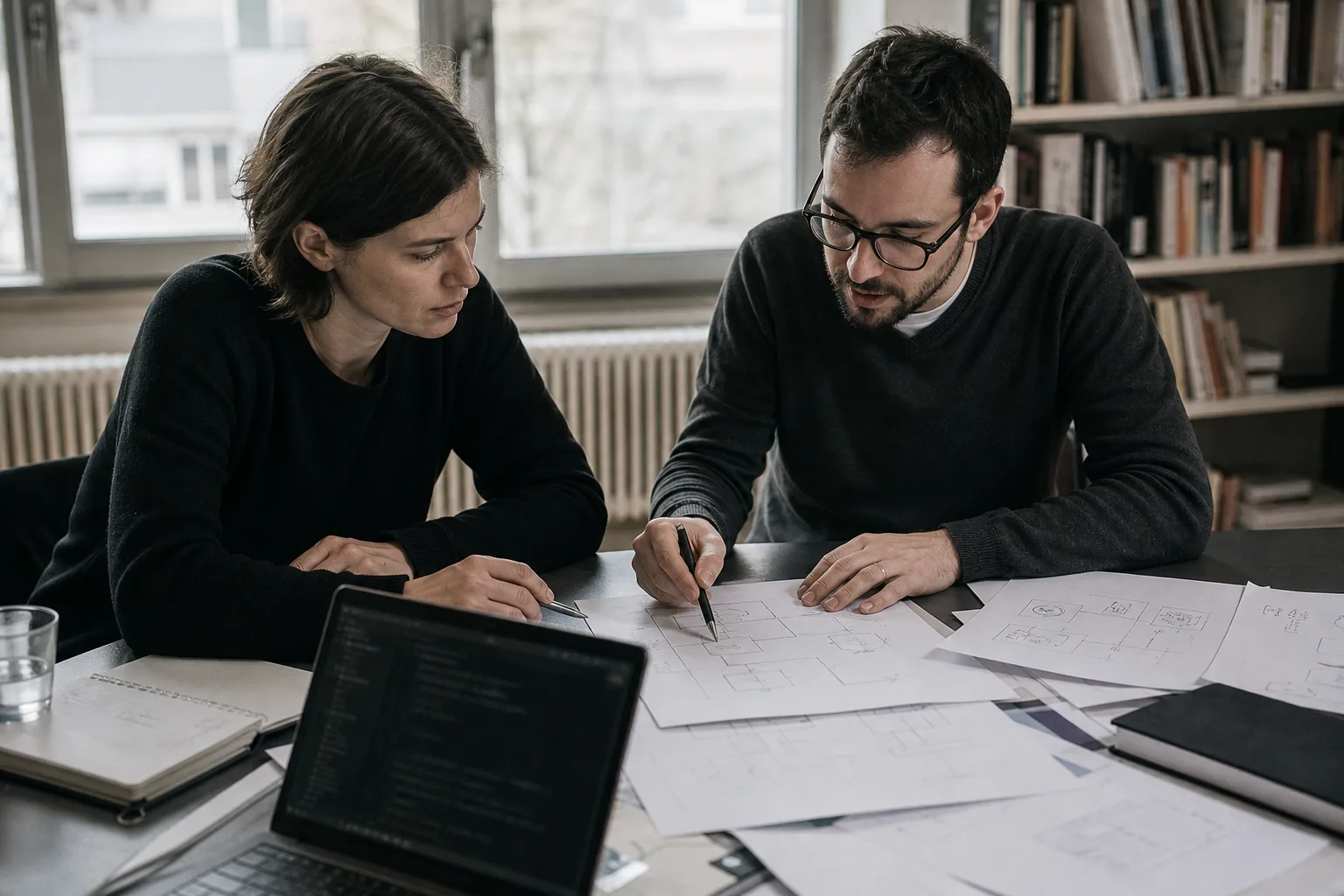 Zwei IT-Fachleute prüfen an einem Tisch Architekturunterlagen und einen neutralen Laptop für einen KI-Arbeitsbereich.