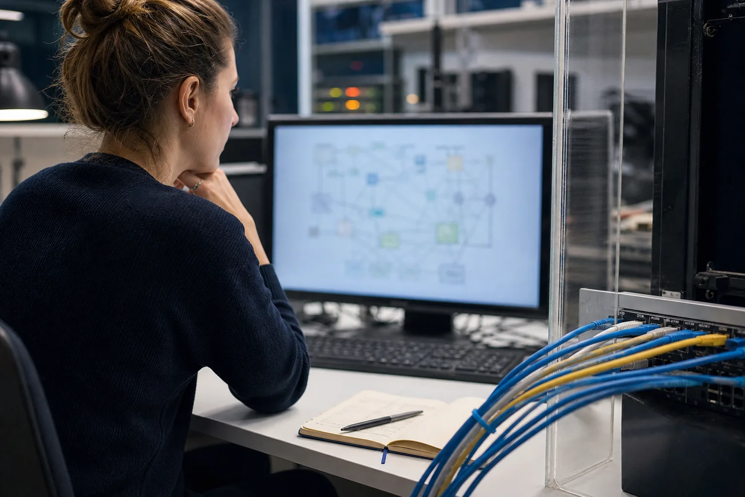 Sicherheitsanalystin an einem neutralen Testarbeitsplatz vor getrennten Netzwerkkabeln und einem unscharfen Netzwerkplan