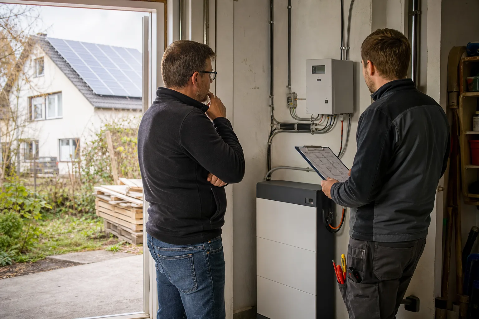 Hausbesitzer und Elektriker prüfen neben einem unbeschrifteten Heimspeicher, einem neutralen Zählerkasten und einer Skizze die technische Konstellation einer PV-Anlage.
