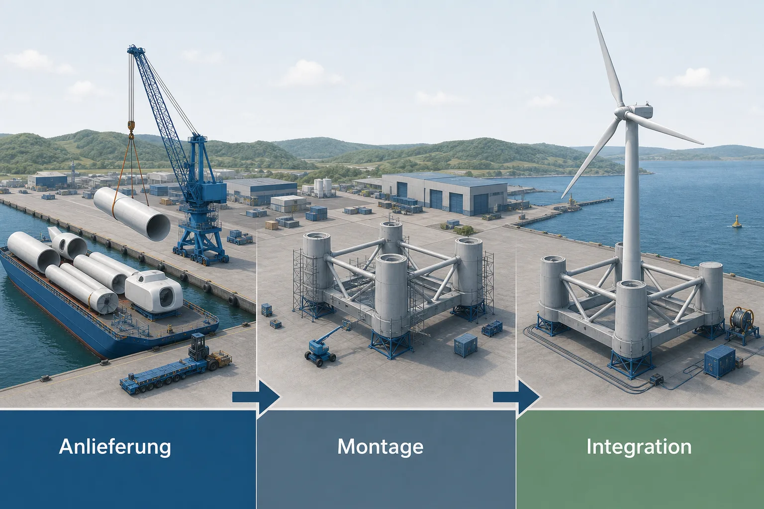Grafik zeigt die Schritte Anlieferung, Montage und Integration einer schwimmenden Windanlage am Hafen.