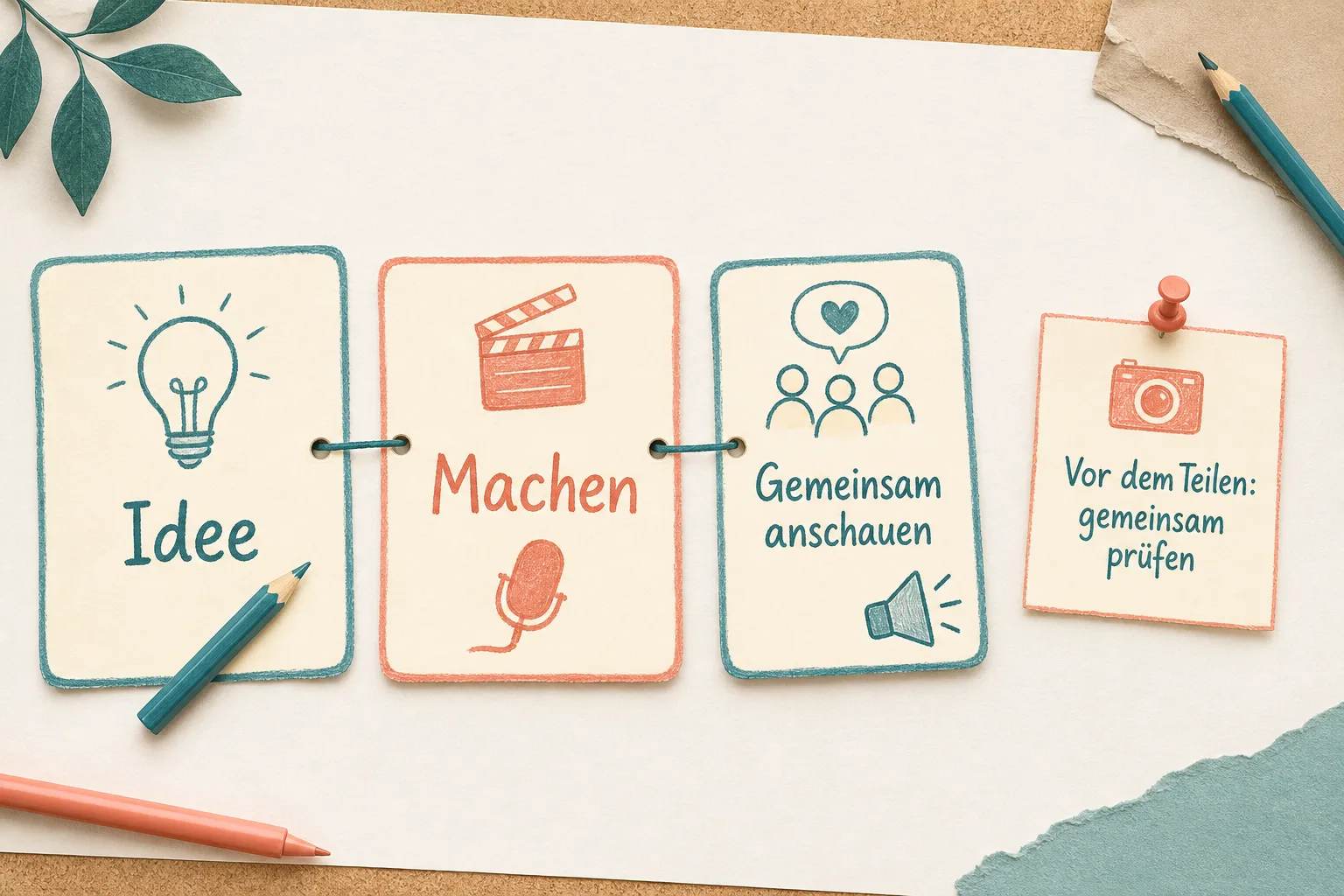 Eine redaktionelle Ablaufgrafik zeigt die Stationen Idee, Machen und gemeinsam anschauen sowie einen getrennten Check vor dem Teilen.