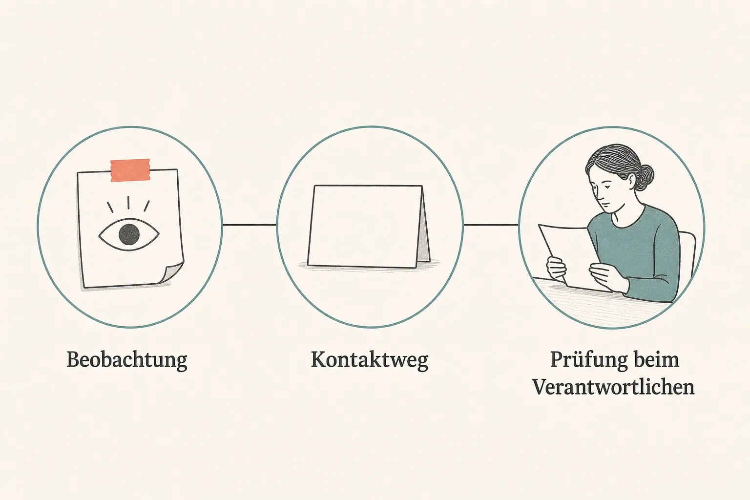 Redaktionelle Dreiteilung erklärt Beobachtung, Kontaktweg und Prüfung beim Verantwortlichen