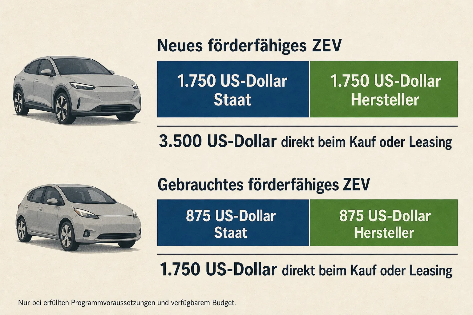 Redaktionelle Übersicht mit staatlichem und Herstelleranteil für neue und gebrauchte förderfähige Null-Emissions-Fahrzeuge.