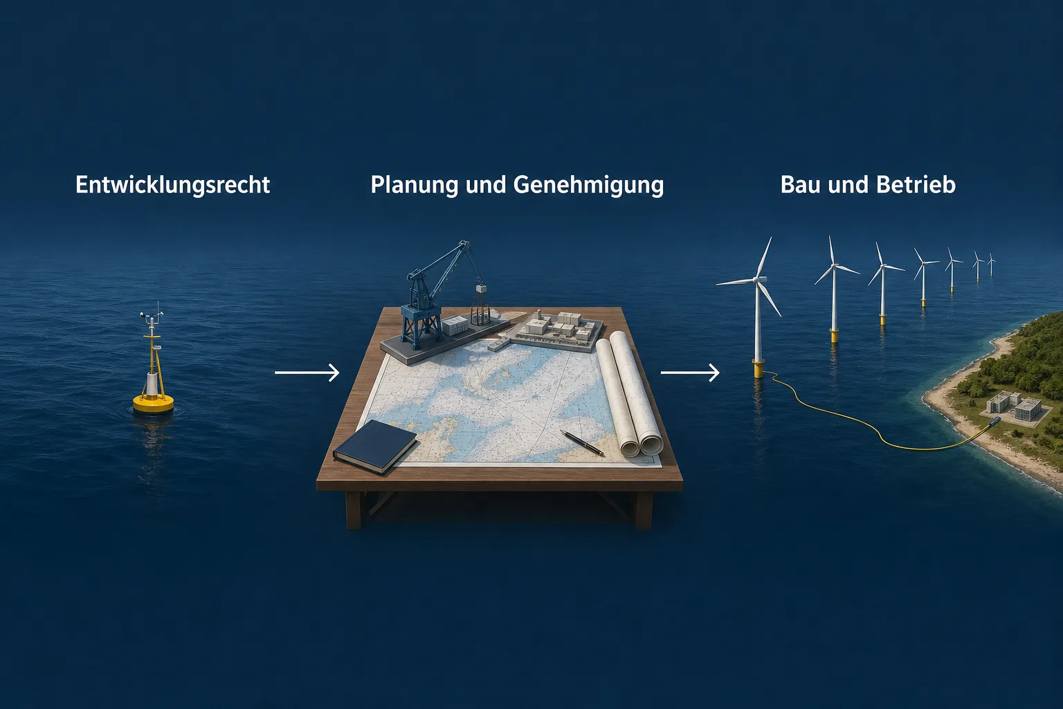 Erklärgrafik mit den drei Stufen Entwicklungsrecht, Planung und Genehmigung sowie Bau und Betrieb eines Offshore-Windparks