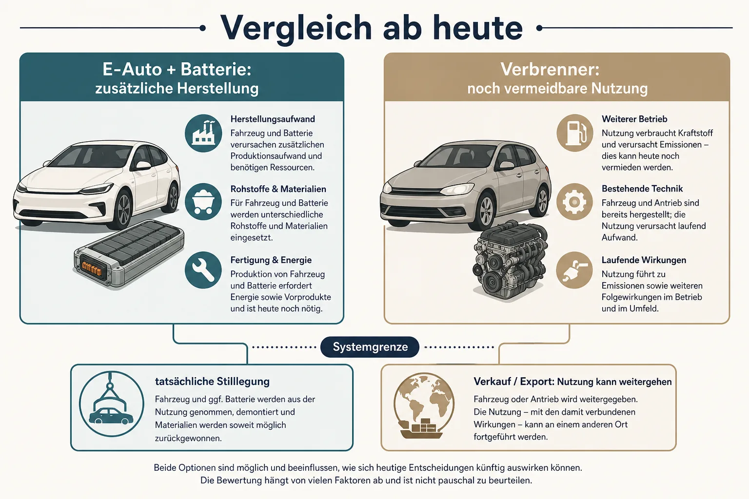 Ausgewogene Erklärgrafik stellt zusätzliche E-Auto- und Batterieherstellung den noch vermeidbaren Emissionen eines weiter genutzten Verbrenners gegenüber.