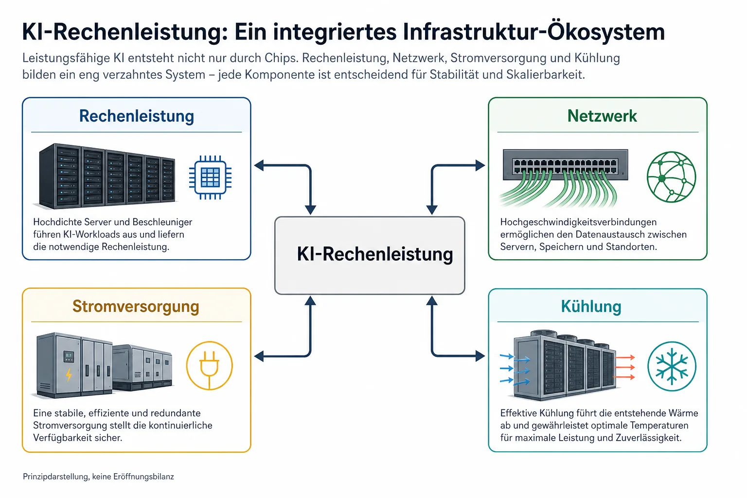 Erklärgrafik mit Rechenleistung, Netzwerk, Stromversorgung und Kühlung rund um KI-Rechenleistung