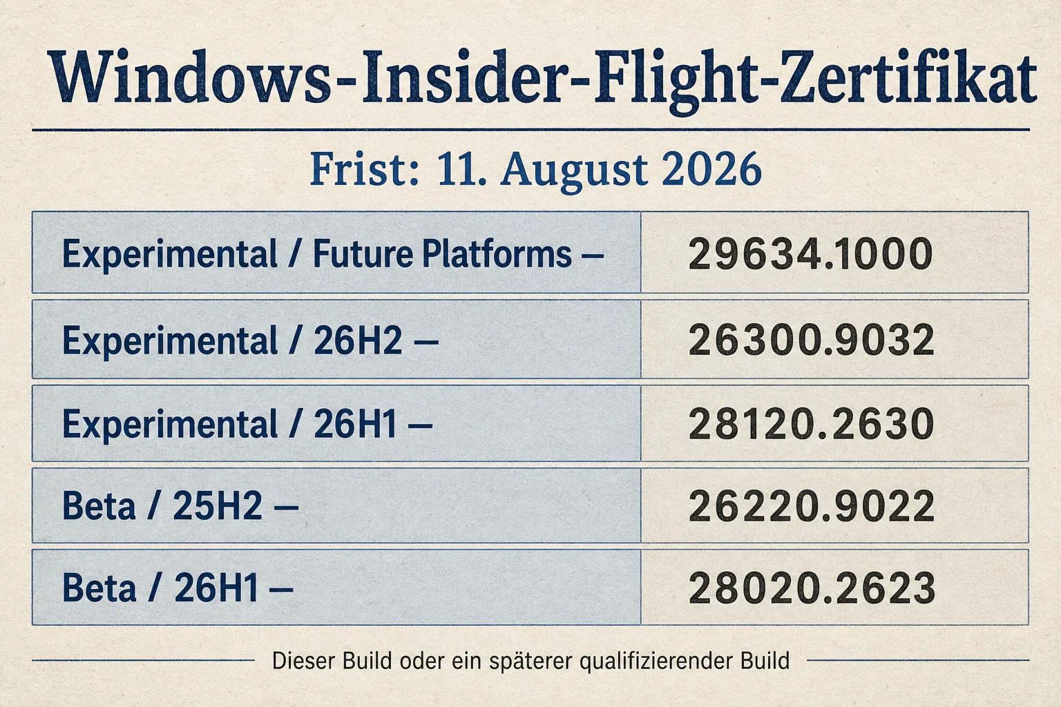 Ein neutrales Schaubild ordnet fünf Windows-Insider-Linien den Buildnummern 29634.1000, 26300.9032, 28120.2630, 26220.9022 und 28020.2623 zu.
