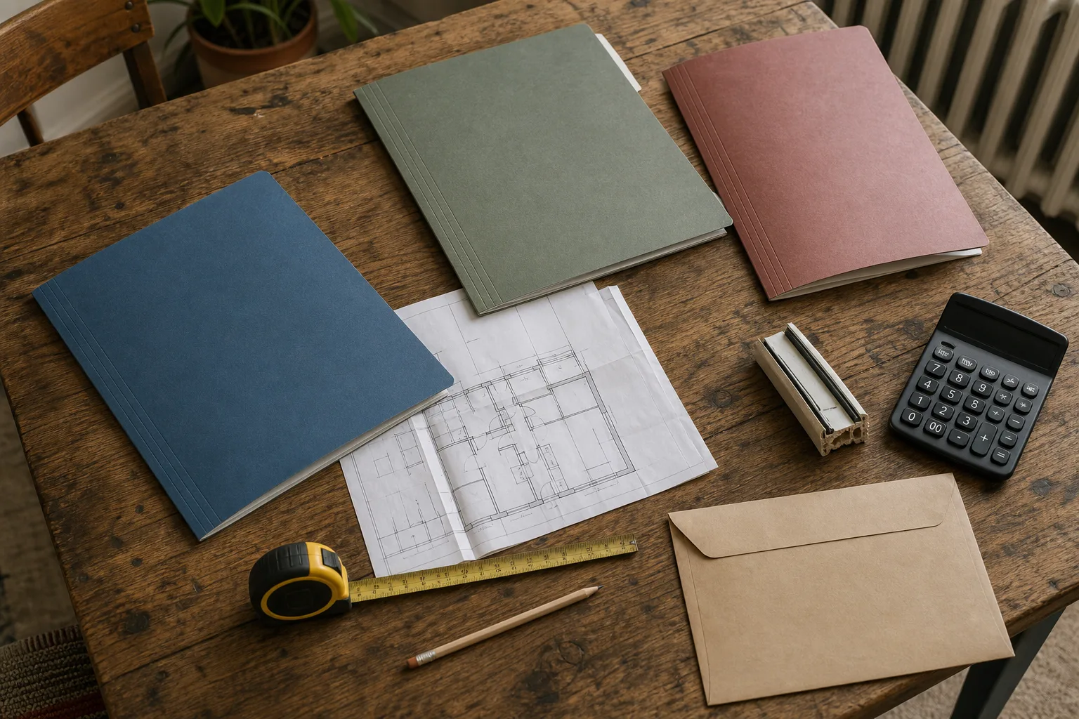 Drei getrennte Papiermappen, Hausplan, Maßband und Stift liegen auf einem Holztisch für die Planung eines Altbaukaufs.