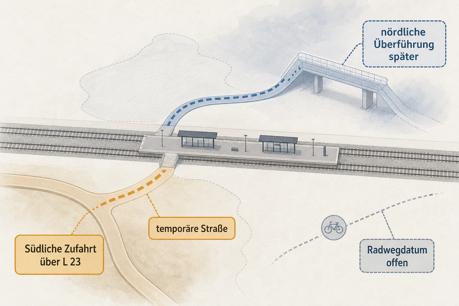 Erklärgrafik mit südlicher Zufahrt, temporärer Straße, späterer nördlicher Überführung und offenem Radwegdatum.