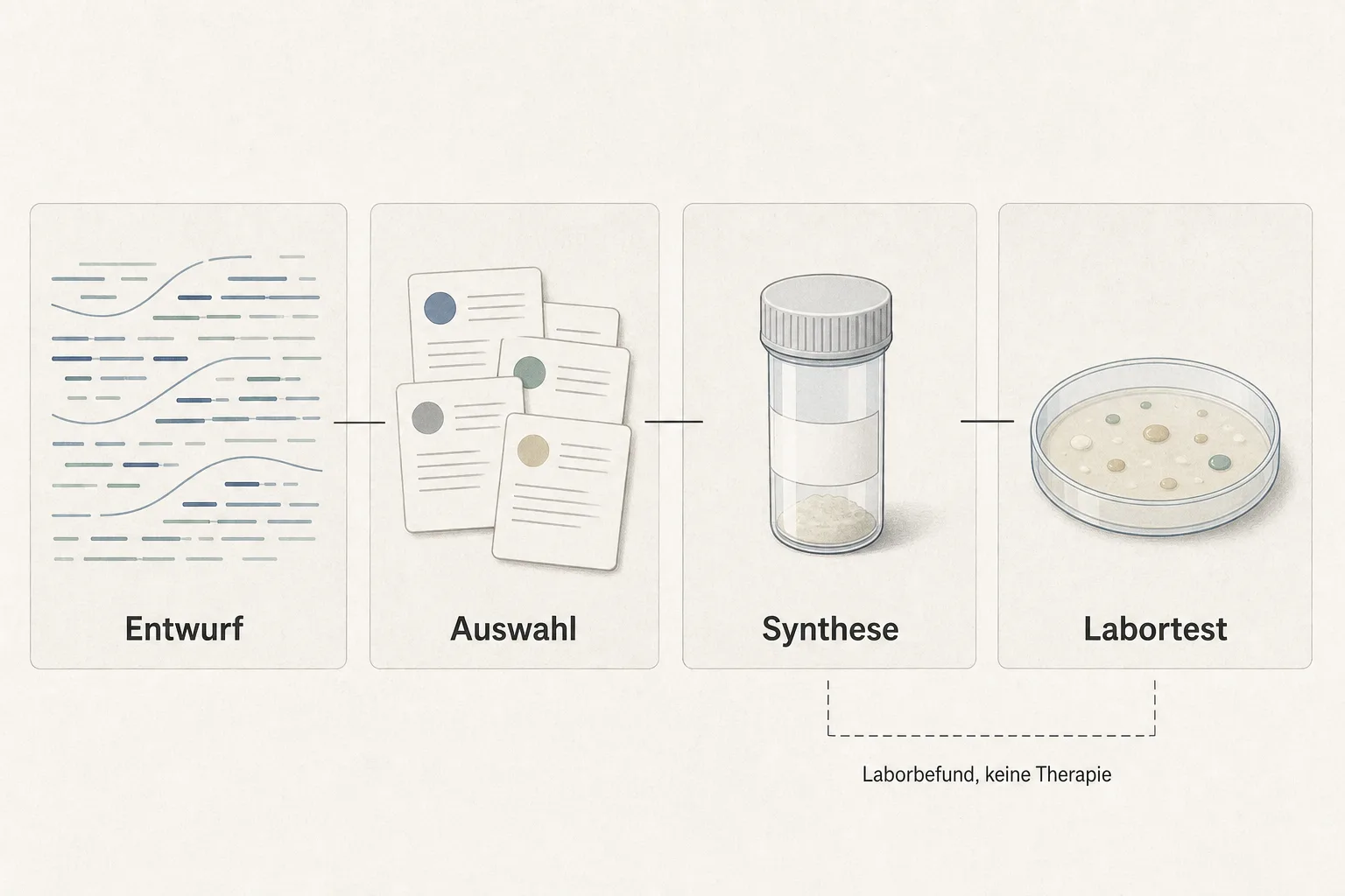 Erklärgrafik trennt Entwurf Auswahl Synthese und Labortest bei KI-generierten Bakteriophagen