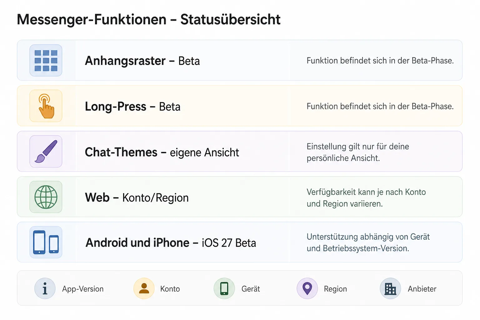 Redaktionelle Statuskarte trennt Beta, eigene Ansicht, regionale Web-Bedingungen und iOS-27-Ausblick